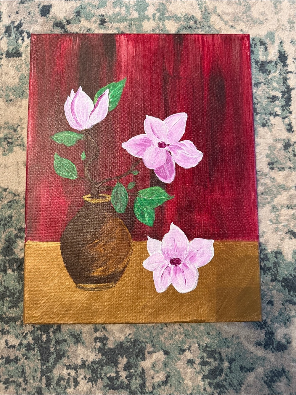 Magnolias on Red and Gold — acrylics on canvas